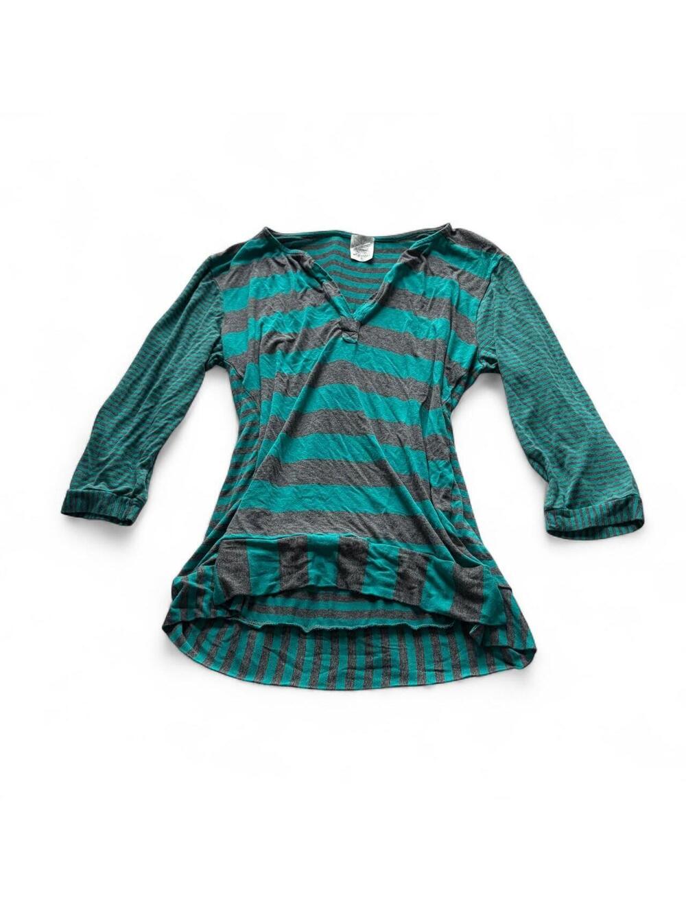 Ella Moss Teal Green Blue Gray Striped Henley Style Y2K Retro Preppy Top Size S